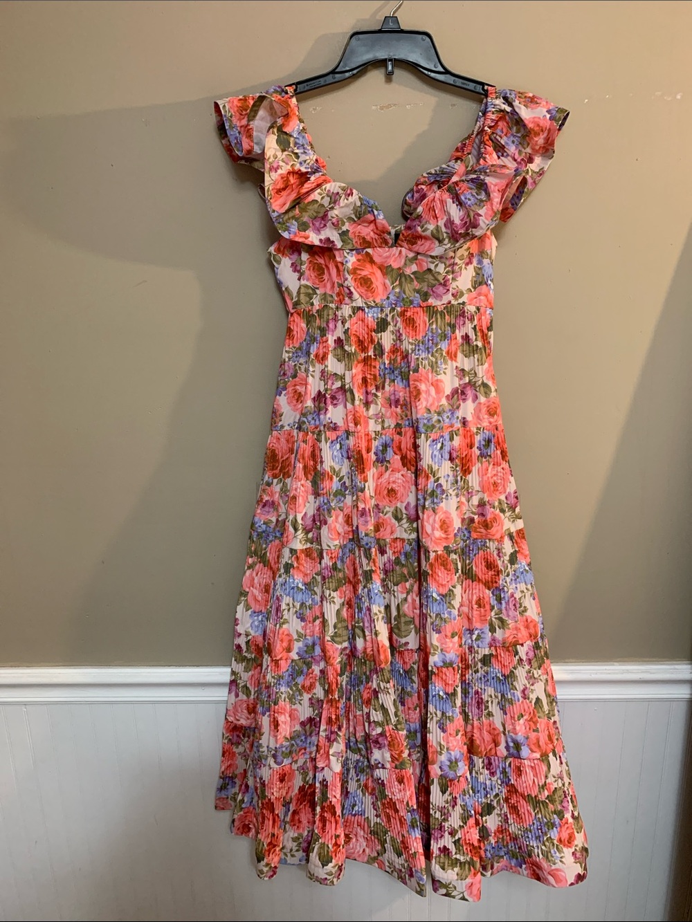 Beulah Women's Rita Floral Pleated Ruffle Midi XS Tea Length Dress Tuckernuck